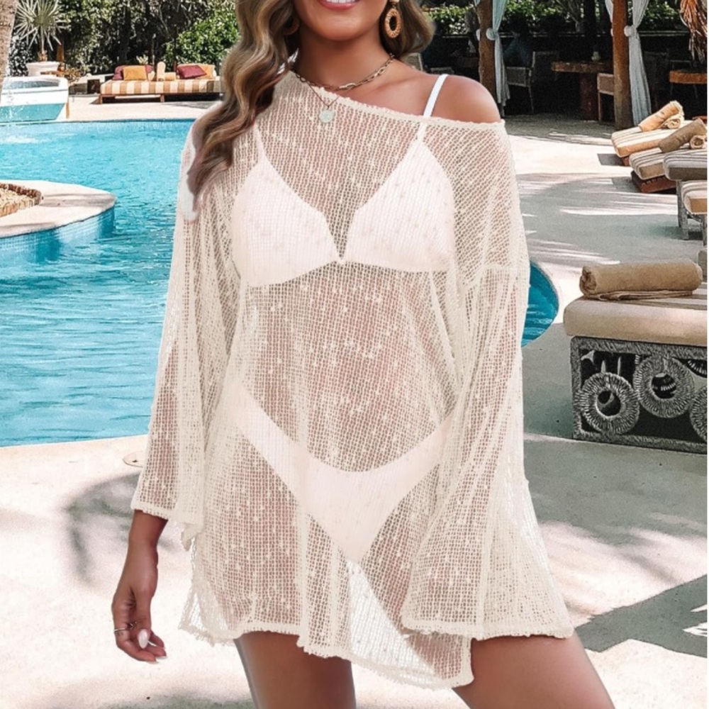 🎉New sheer sparkly crochet swimsuit coverup — boat neck, sexy beach caftan - Picture 5 of 11